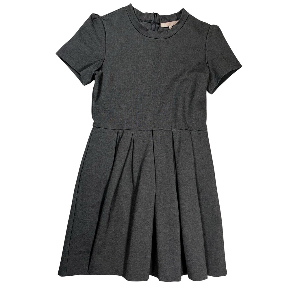 Hutch Anthropologie Gray Ponte Fit Flare Dress‎ Sz 12 Short Sleeve Pleated Skirt